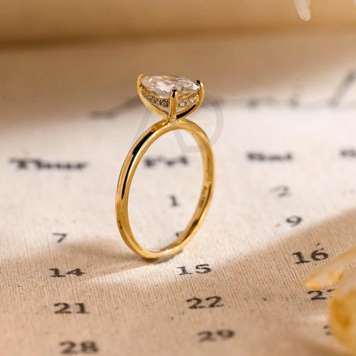 Solitaire pear moissanite engagement ring, Hidden-halo solid gold 3 prong pear wedding ring for wife, Anniversary rings, Valentine's Day gift, Pear moissanite ring, Hidden-halo wedding band, Bridal jewelry, Anniversary gift.