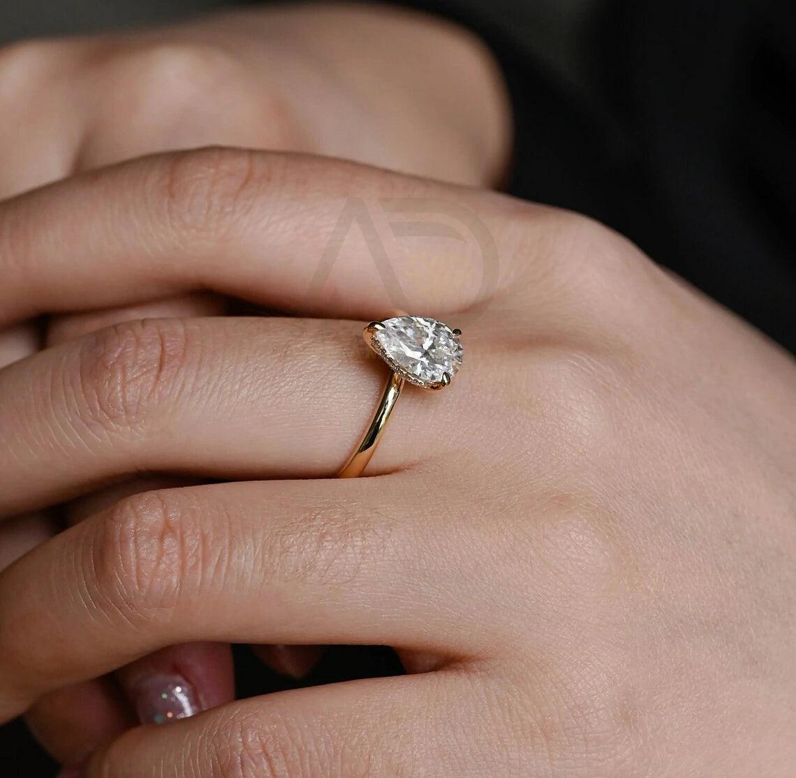 Solitaire pear moissanite engagement ring, Hidden-halo solid gold 3 prong pear wedding ring for wife, Anniversary rings, Valentine's Day gift, Pear moissanite ring, Hidden-halo wedding band, Bridal jewelry, Anniversary gift.