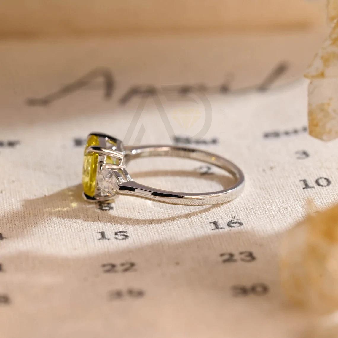 Three Stone Yellow Sapphire Radiant Engagement Ring, Solid Gold Lab Grown Sapphire Moissanite Wedding Ring for Women Wife, Anniversary Gifts