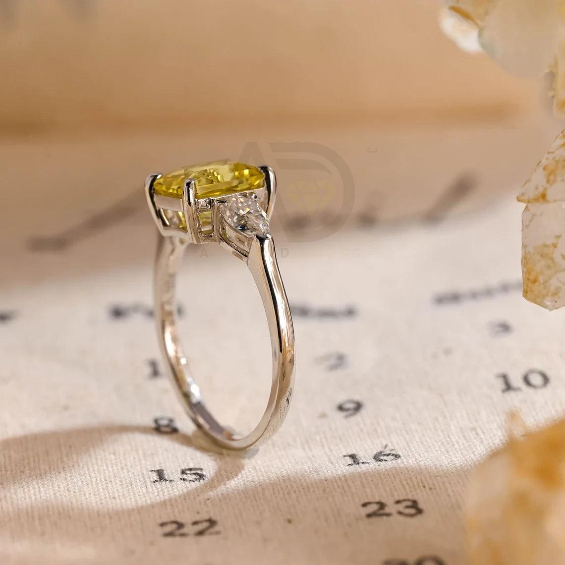 Three Stone Yellow Sapphire Radiant Engagement Ring, Solid Gold Lab Grown Sapphire Moissanite Wedding Ring for Women Wife, Anniversary Gifts