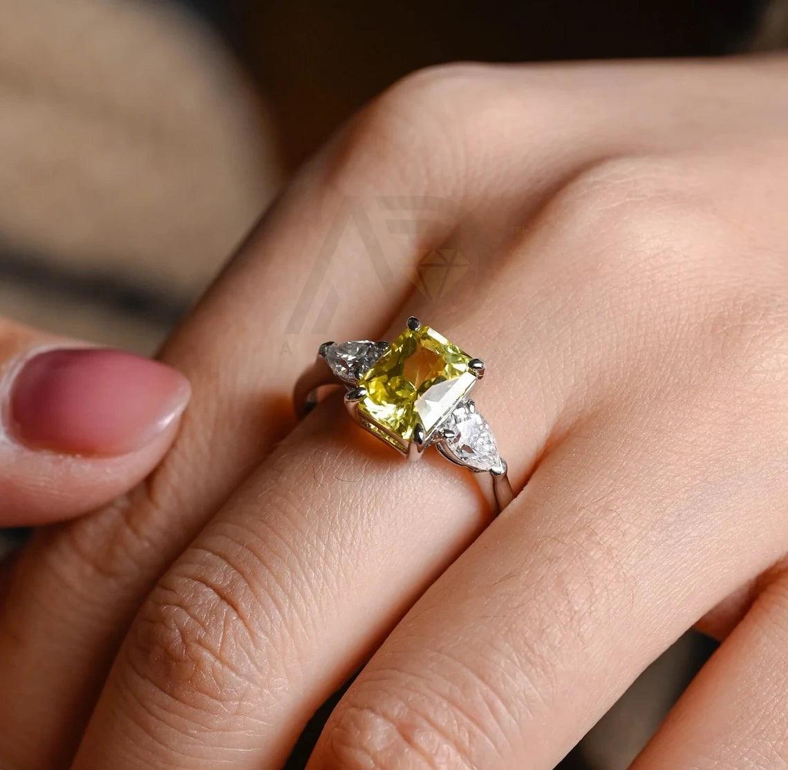 Three Stone Yellow Sapphire Radiant Engagement Ring, Solid Gold Lab Grown Sapphire Moissanite Wedding Ring for Women Wife, Anniversary Gifts