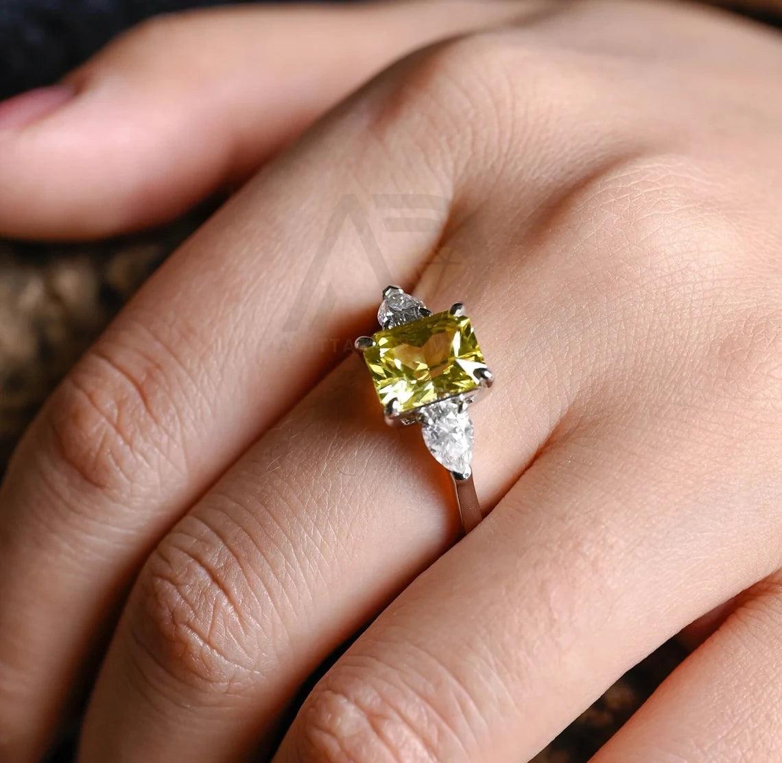 Three Stone Yellow Sapphire Radiant Engagement Ring, Solid Gold Lab Grown Sapphire Moissanite Wedding Ring for Women Wife, Anniversary Gifts