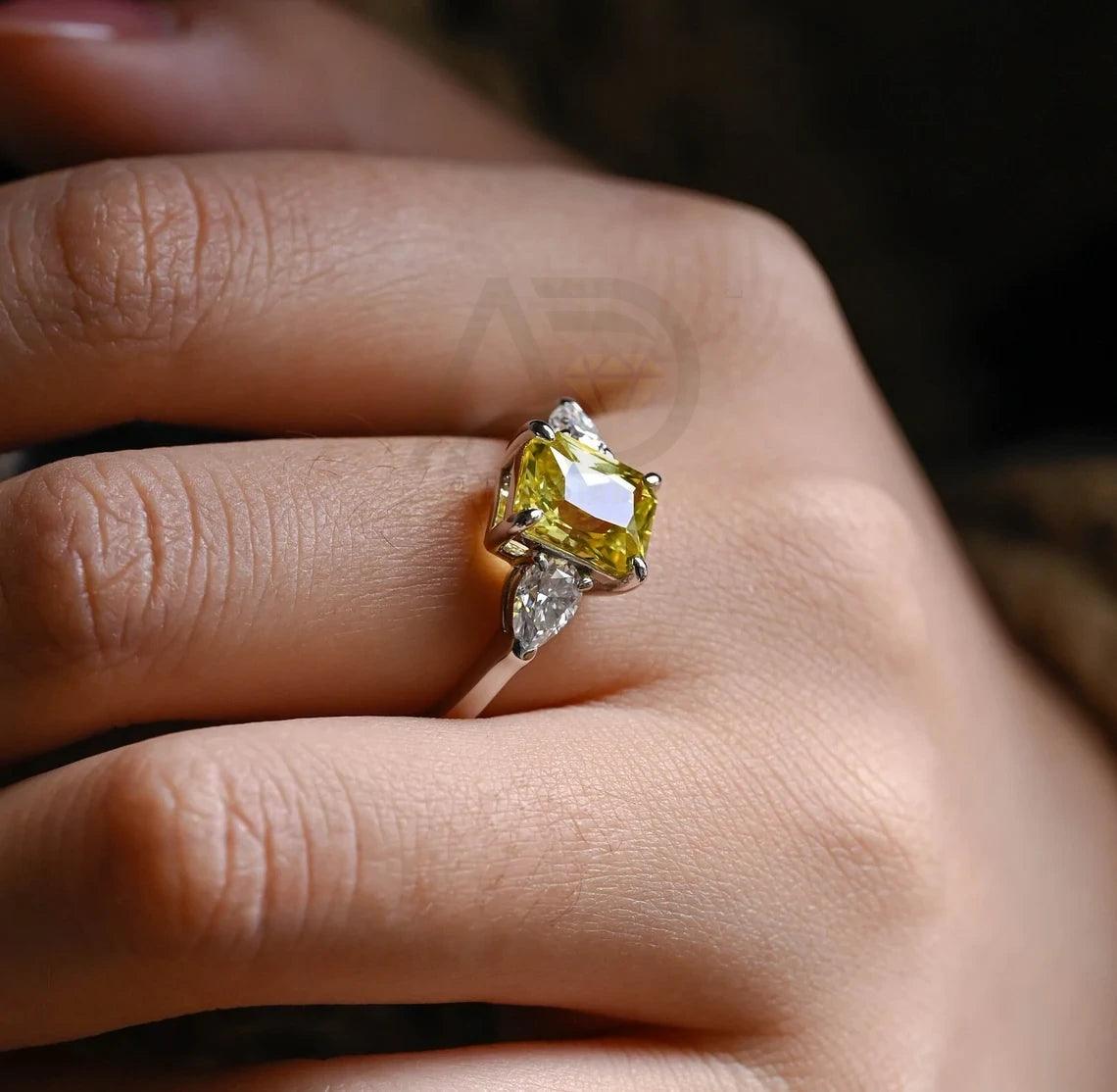 Three Stone Yellow Sapphire Radiant Engagement Ring, Solid Gold Lab Grown Sapphire Moissanite Wedding Ring for Women Wife, Anniversary Gifts