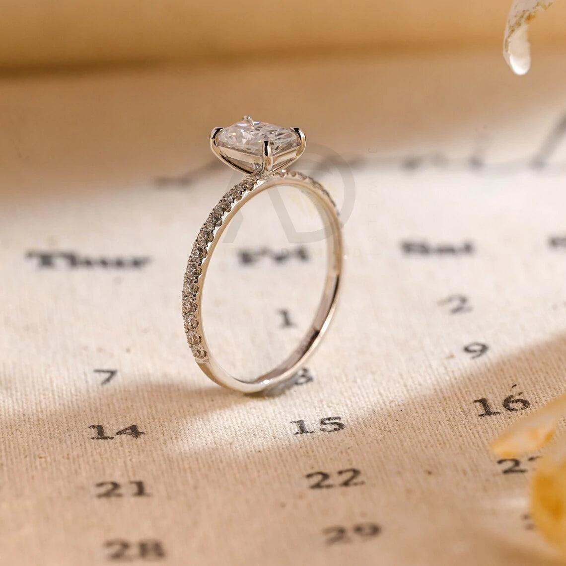 Solid gold radiant moissanite engagement ring, Pave set solitaire radiant wedding ring, Anniversary ring gifts for wife, Rectangle gold ring, Radiant moissanite ring, Solitaire wedding band, Anniversary gifts, Bridal jewelry, Rectangle gold engagement ring, Sparkling moissanite jewelry