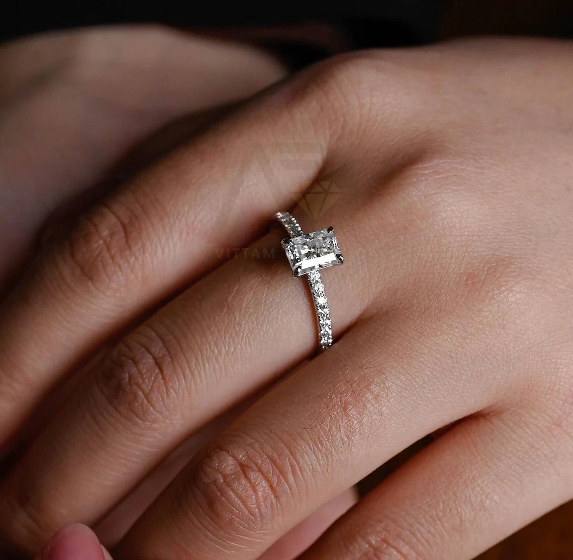 Solid gold radiant moissanite engagement ring, Pave set solitaire radiant wedding ring, Anniversary ring gifts for wife, Rectangle gold ring, Radiant moissanite ring, Solitaire wedding band, Anniversary gifts, Bridal jewelry, Rectangle gold engagement ring, Sparkling moissanite jewelry