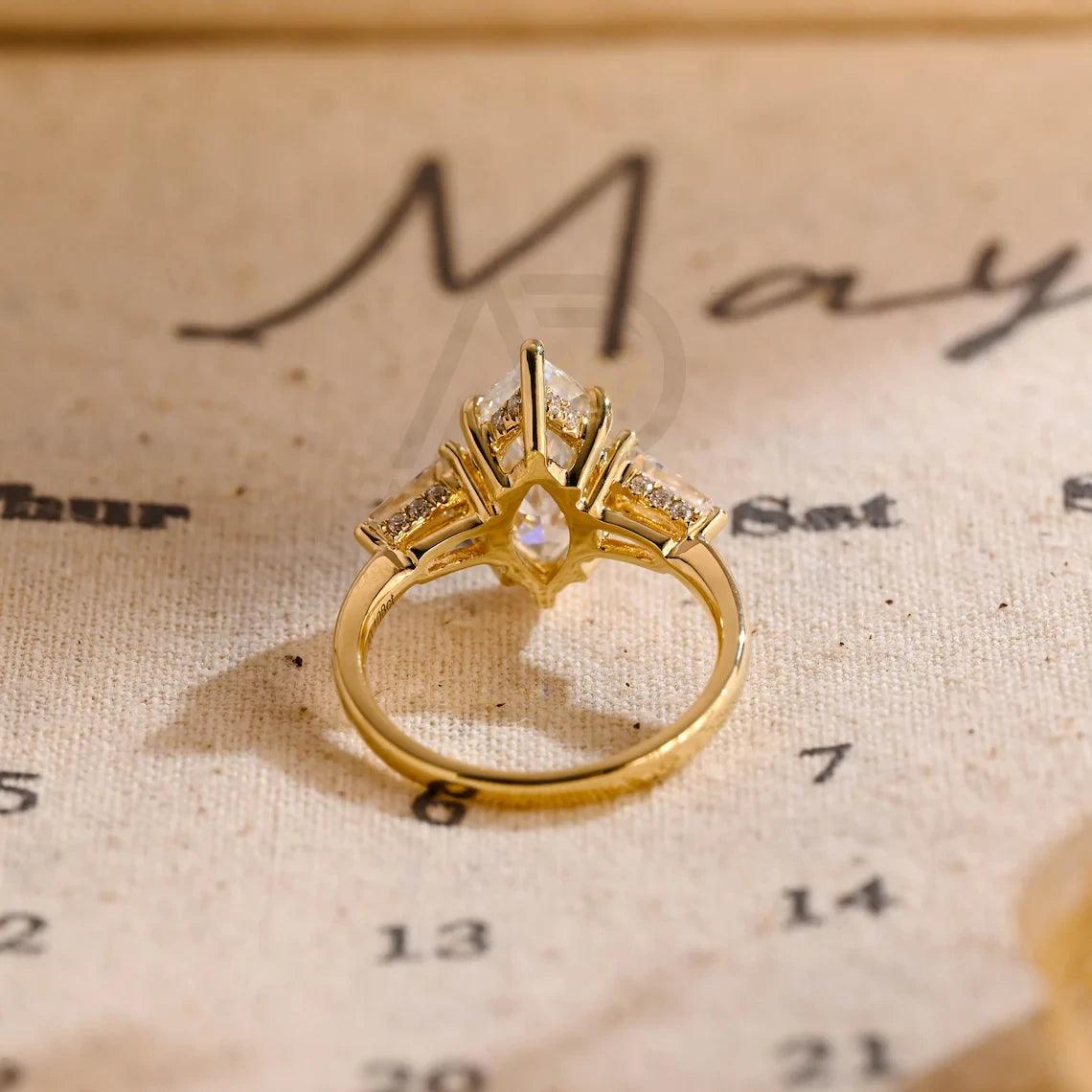 Three Stone Marquise Moissanite Engagement Ring, Hidden-Halo Marquise Wedding Ring, Low Set Cathedral Setting Solid Gold Anniversary Gifts