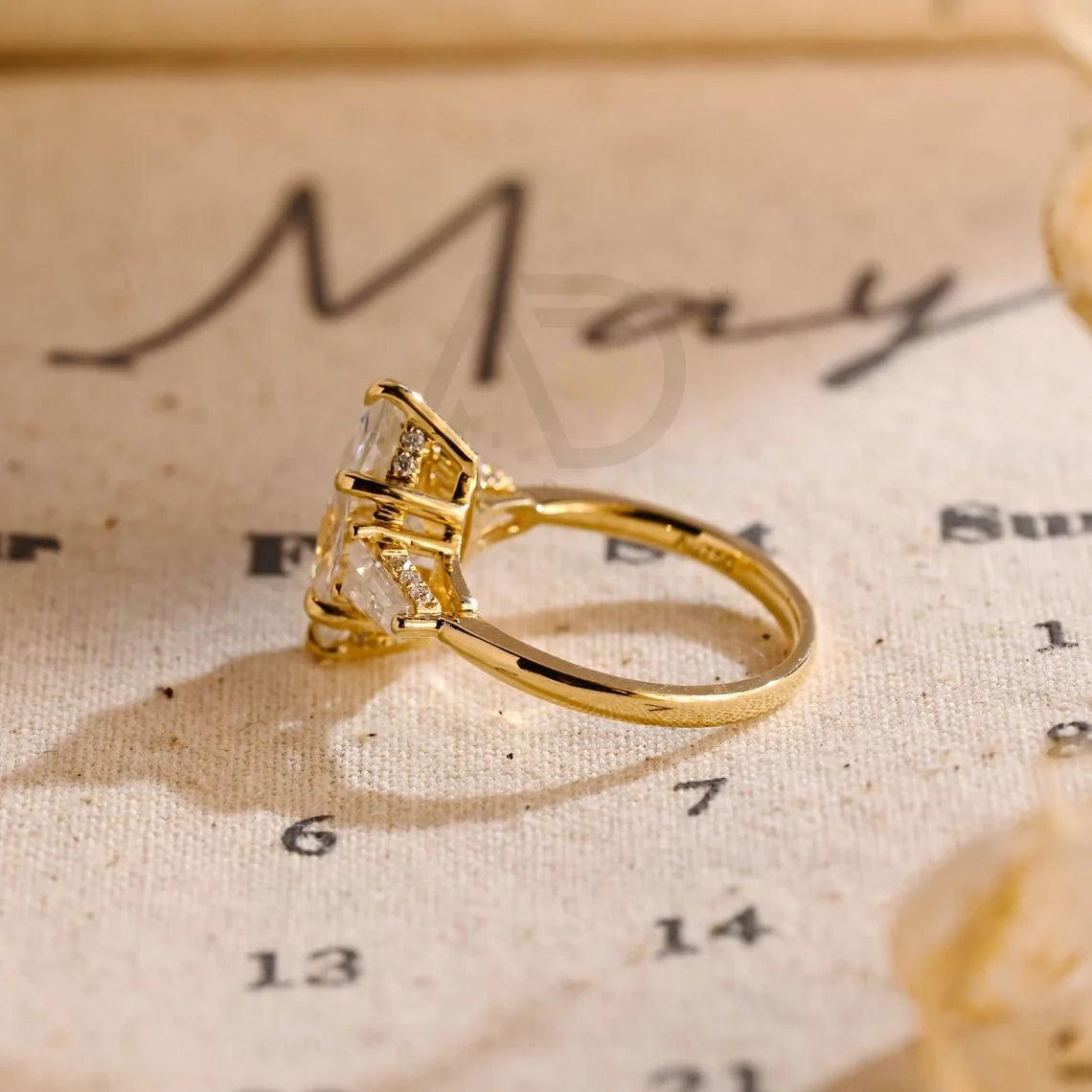 Three Stone Marquise Moissanite Engagement Ring, Hidden-Halo Marquise Wedding Ring, Low Set Cathedral Setting Solid Gold Anniversary Gifts