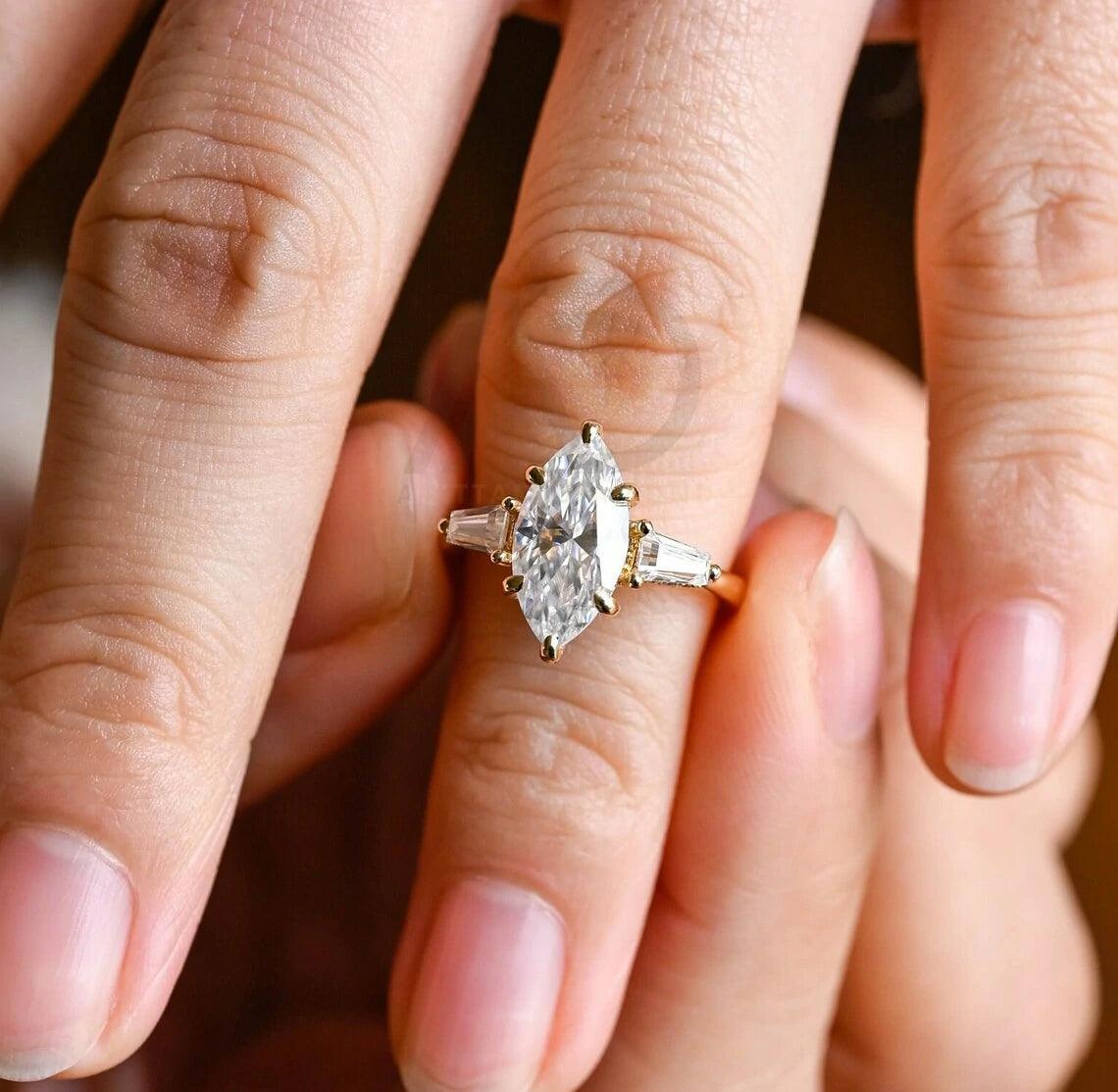 Three Stone Marquise Moissanite Engagement Ring, Hidden-Halo Marquise Wedding Ring, Low Set Cathedral Setting Solid Gold Anniversary Gifts
