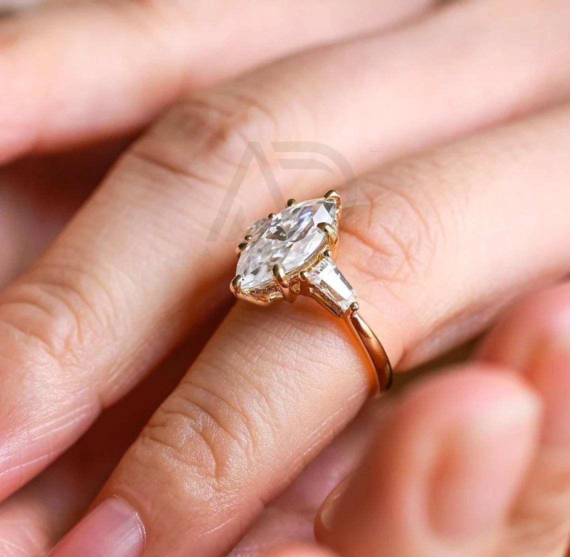 Three Stone Marquise Moissanite Engagement Ring, Hidden-Halo Marquise Wedding Ring, Low Set Cathedral Setting Solid Gold Anniversary Gifts