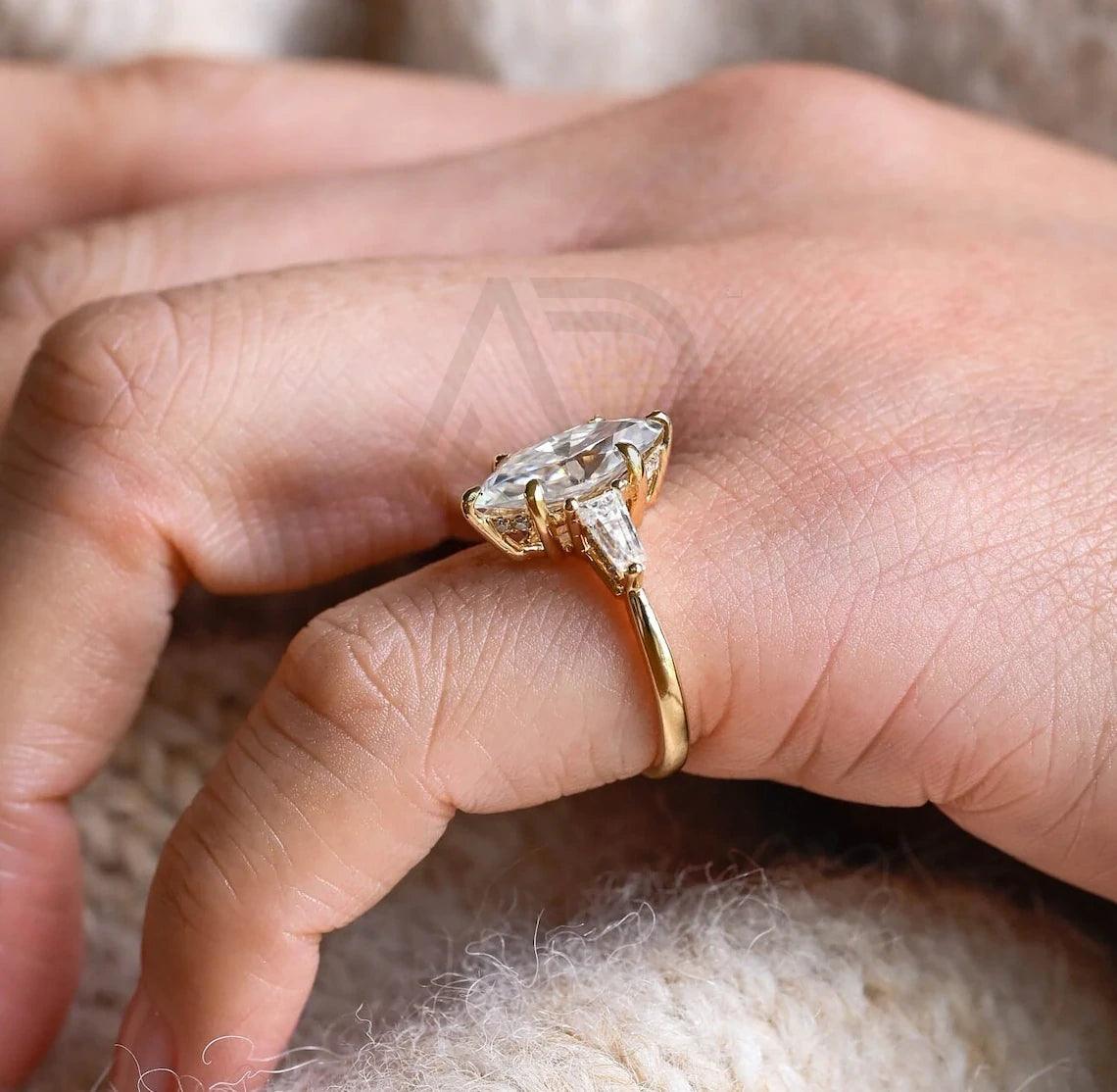 Three Stone Marquise Moissanite Engagement Ring, Hidden-Halo Marquise Wedding Ring, Low Set Cathedral Setting Solid Gold Anniversary Gifts