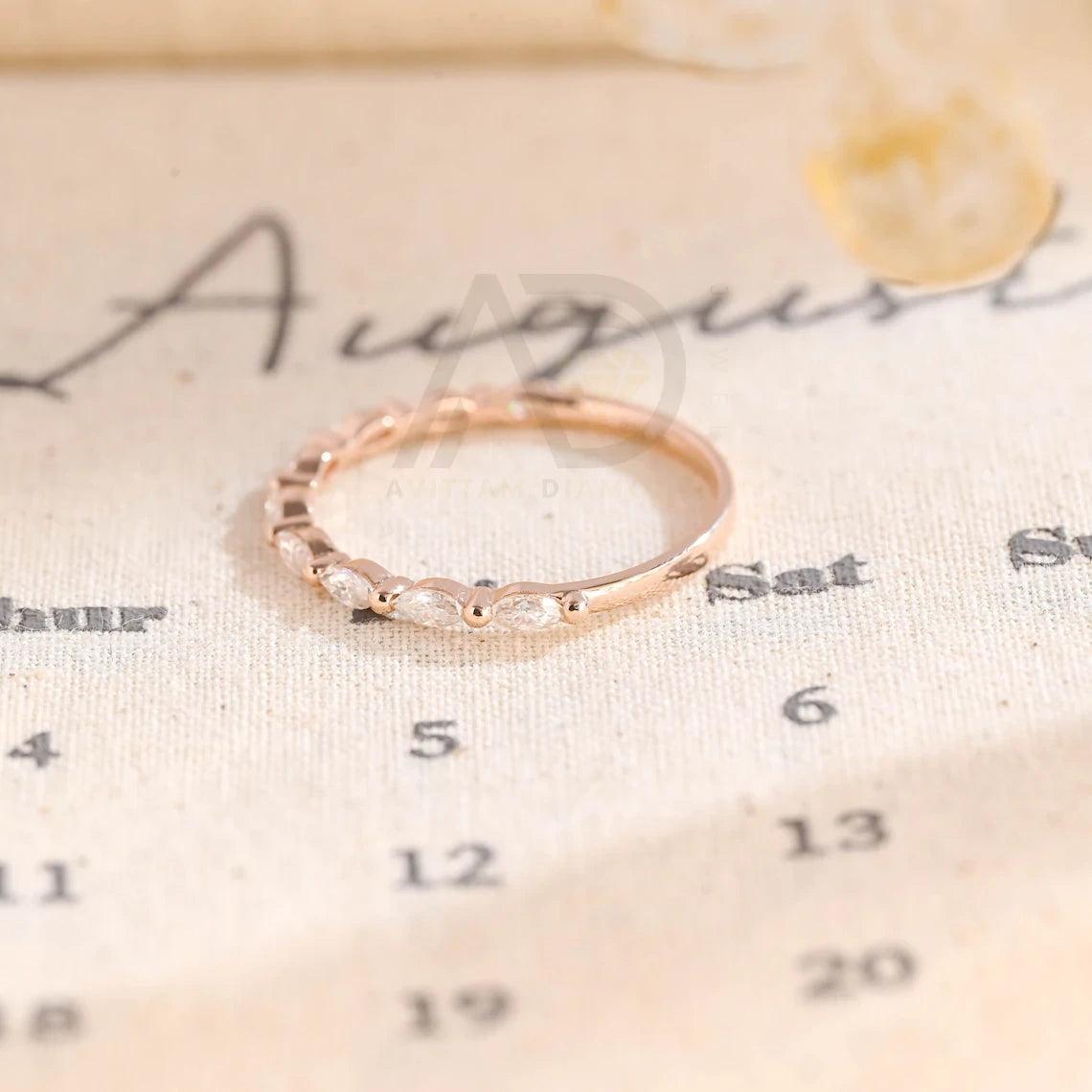 Marquise Moissanite Wedding Band, Solid Gold Bridal Ring, Half-Eternity Matching Band, Anniversary Gift, Valentine's Day Gift, Moissanite Anniversary Band, Fine Jewelry, Handcrafted Wedding Ring, Unique Bridal Set, Romantic Jewelry, Timeless Elegance, Luxurious Wedding Jewelry, Symbol of Love