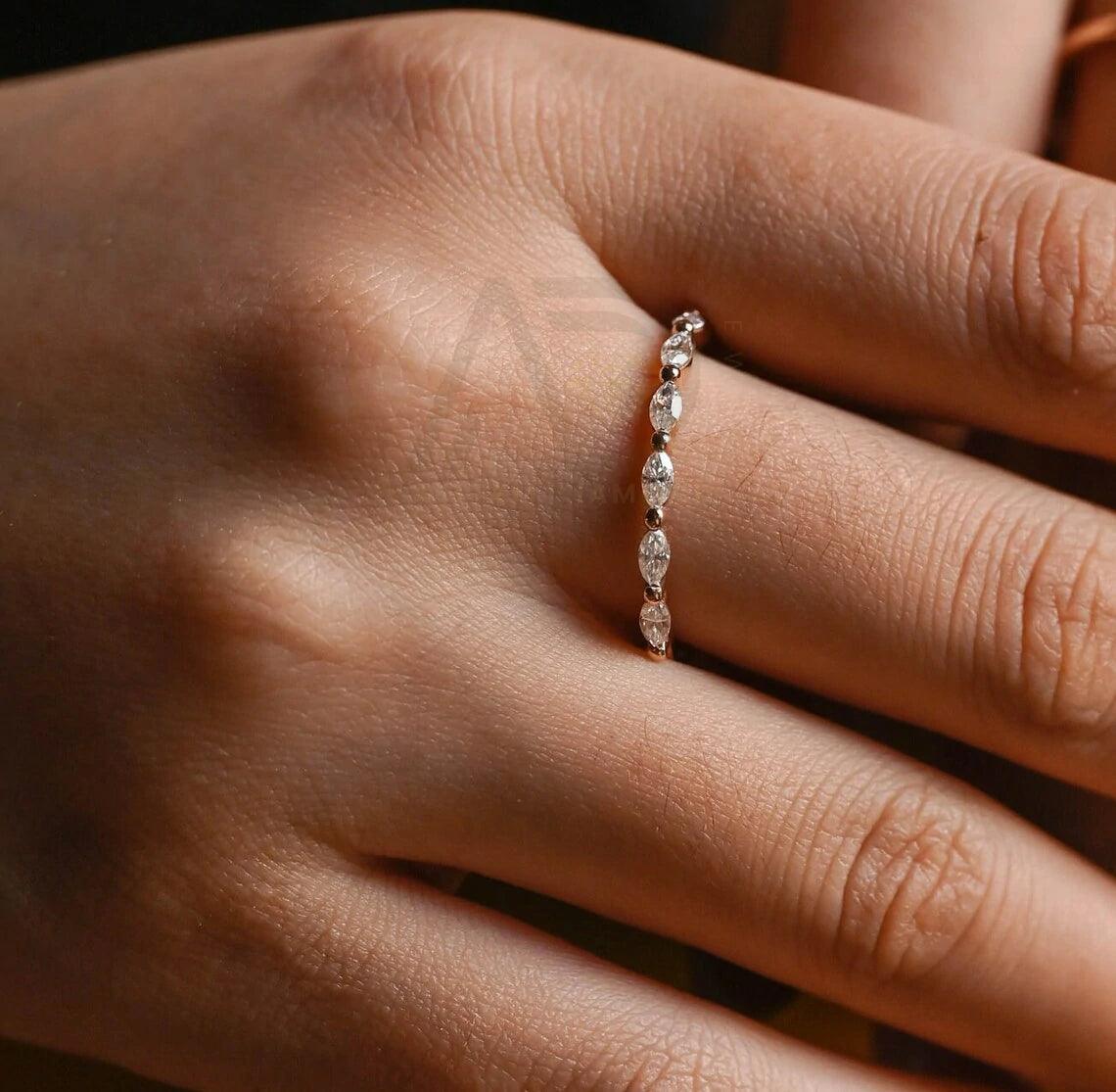 Marquise Moissanite Wedding Band, Solid Gold Bridal Ring, Half-Eternity Matching Band, Anniversary Gift, Valentine's Day Gift, Moissanite Anniversary Band, Fine Jewelry, Handcrafted Wedding Ring, Unique Bridal Set, Romantic Jewelry, Timeless Elegance, Luxurious Wedding Jewelry, Symbol of Love