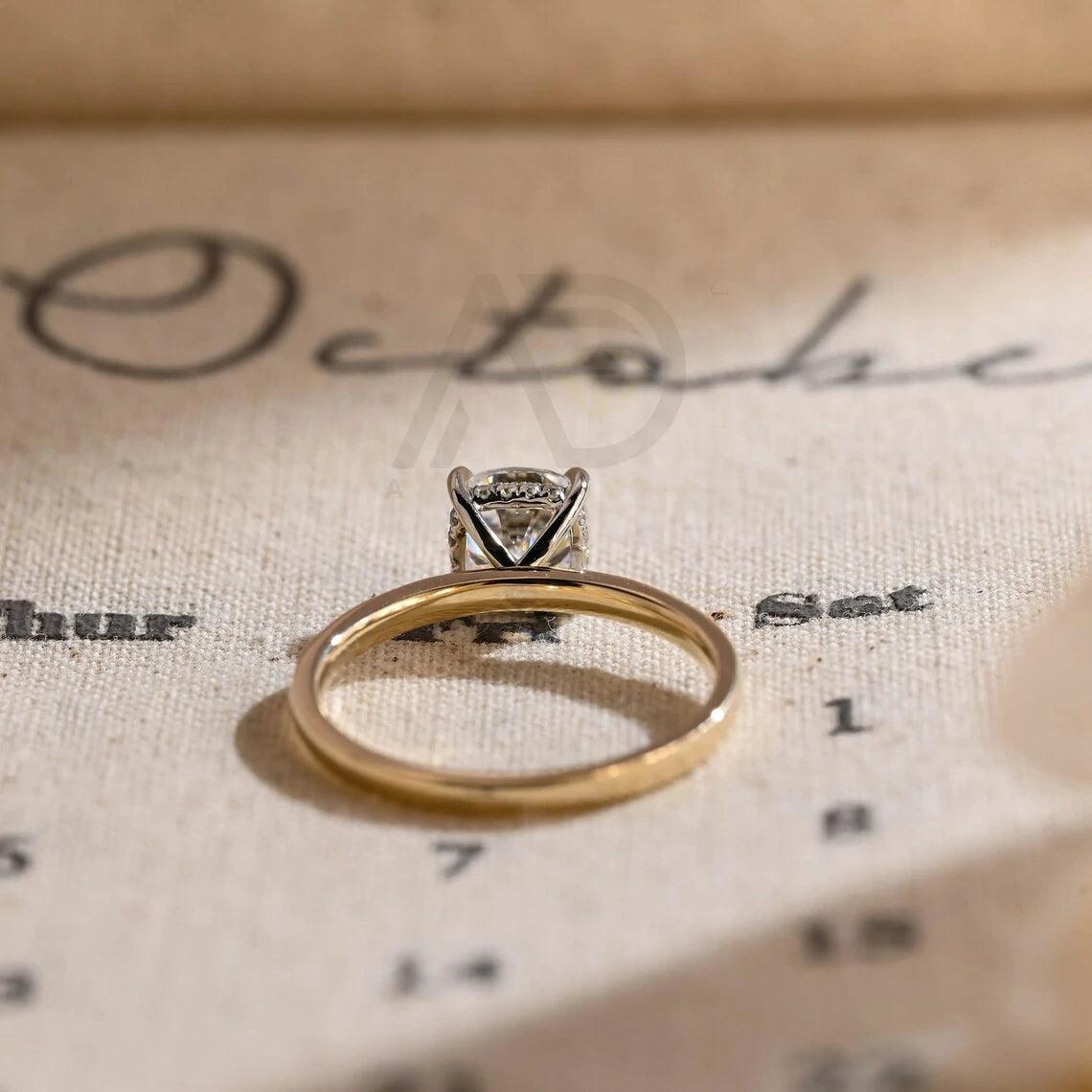 Two Tone Hidden-Halo Cushion Moissanite Engagement Ring, Solitaire Wedding Ring for Girlfriend, Solid Gold Classic 4 Prong Cushion Gold Ring