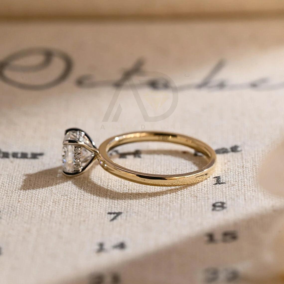 Two Tone Hidden-Halo Cushion Moissanite Engagement Ring, Solitaire Wedding Ring for Girlfriend, Solid Gold Classic 4 Prong Cushion Gold Ring