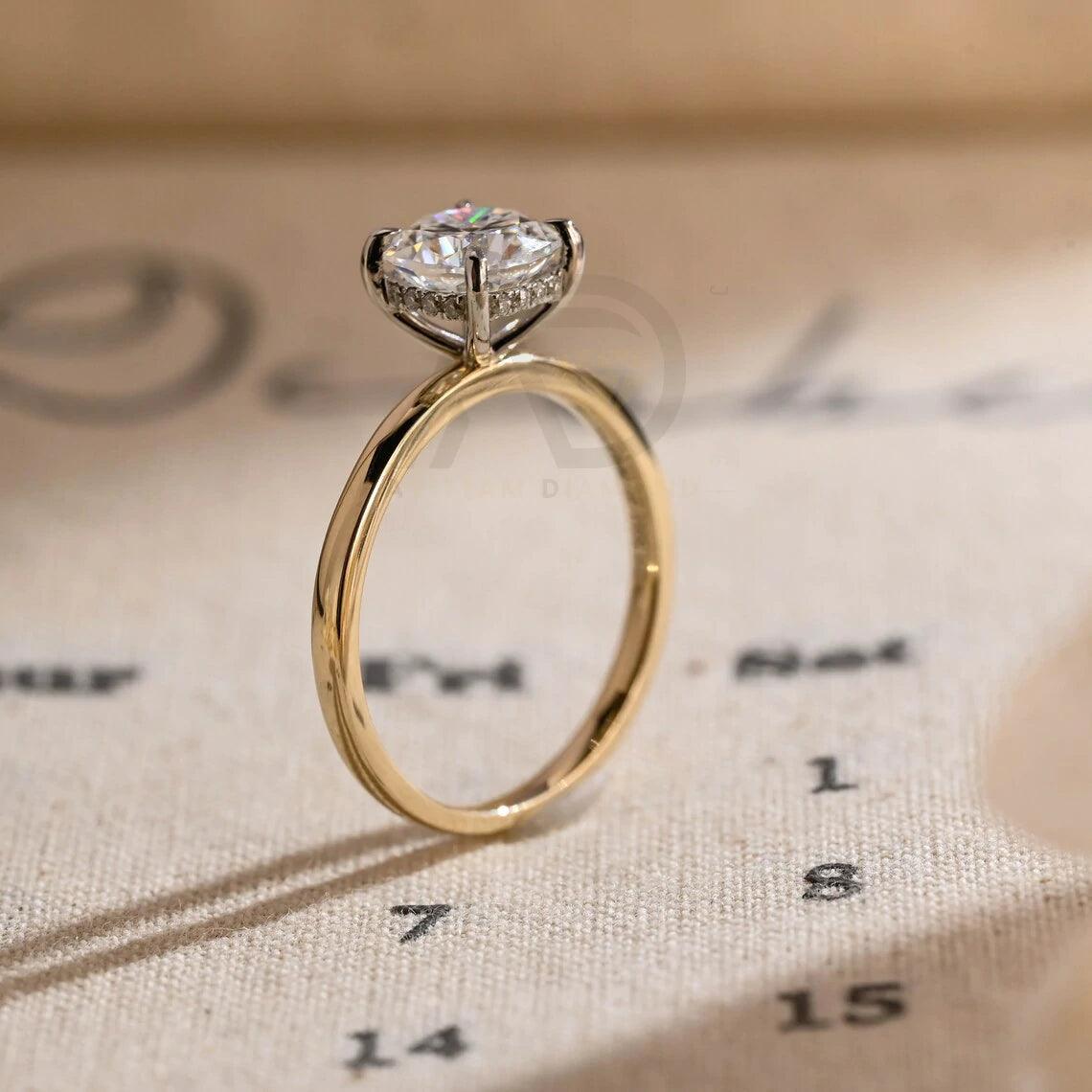 Two Tone Hidden-Halo Cushion Moissanite Engagement Ring, Solitaire Wedding Ring for Girlfriend, Solid Gold Classic 4 Prong Cushion Gold Ring