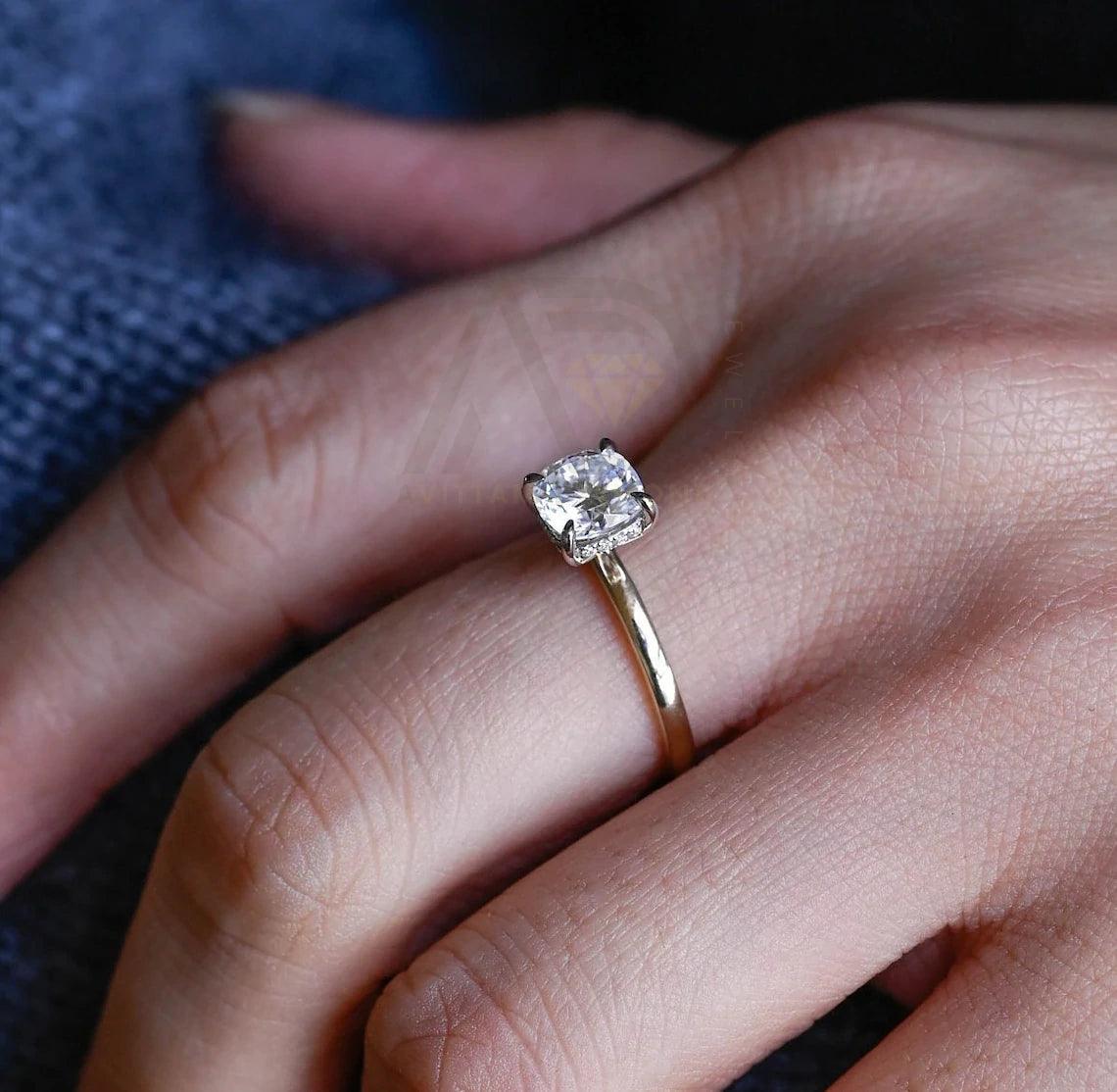 Two Tone Hidden-Halo Cushion Moissanite Engagement Ring, Solitaire Wedding Ring for Girlfriend, Solid Gold Classic 4 Prong Cushion Gold Ring
