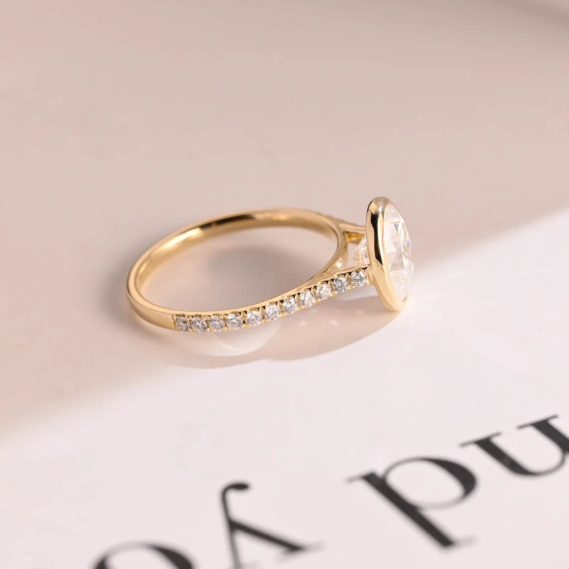 simple bezel ring | moissanite pavé band | dainty engagement ring