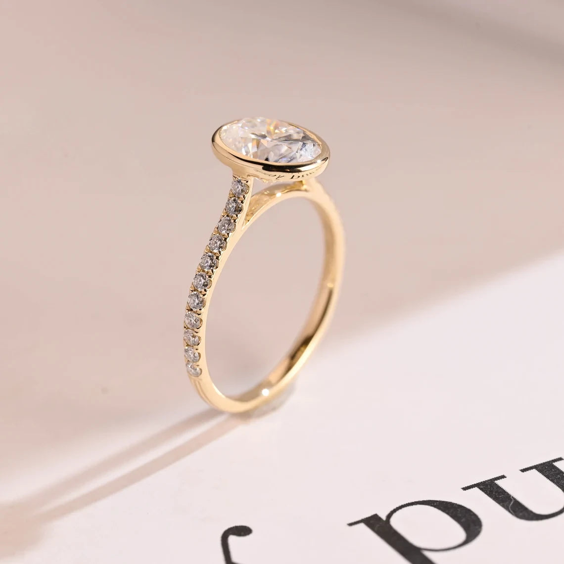 bezel moissanite band | solitaire ring yellow gold | oval shape ring