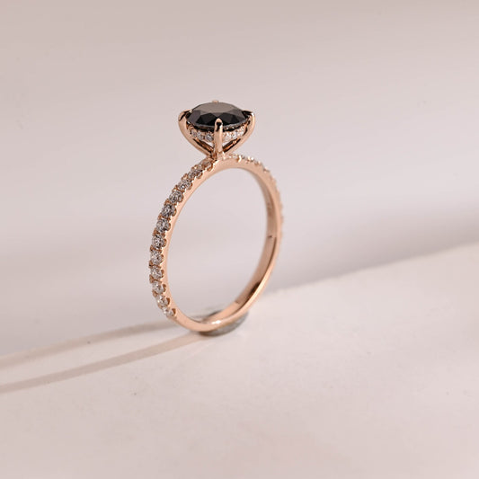 Black round cut moissanite ring