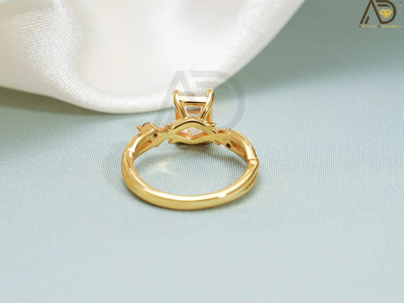 Handmade Twisted Solitaire Ring | Unique Gold Engagement Ring | Emerald Cut Moissanite Band