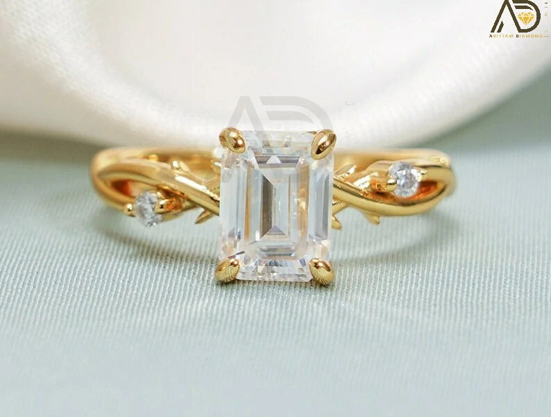 10K Gold Moissanite Ring | 14K Gold Twisted Solitaire Ring | 18K Gold Emerald Cut Ring