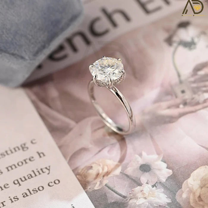 Solitaire Round Moissanite Ring - Sparkling Hidden Halo Design