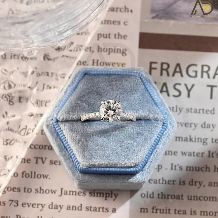 Solitaire Moissanite Diamond Ring - 14K White Gold Pave Setting