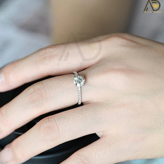 Solitaire Moissanite Diamond Ring - 14K White Gold Pave Setting