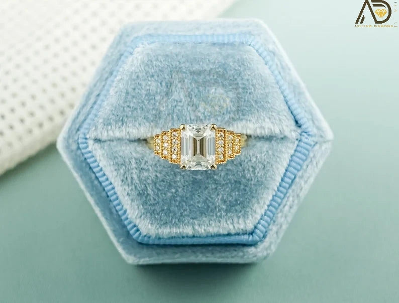 Solid Gold Moissanite Ring, Emerald Cut