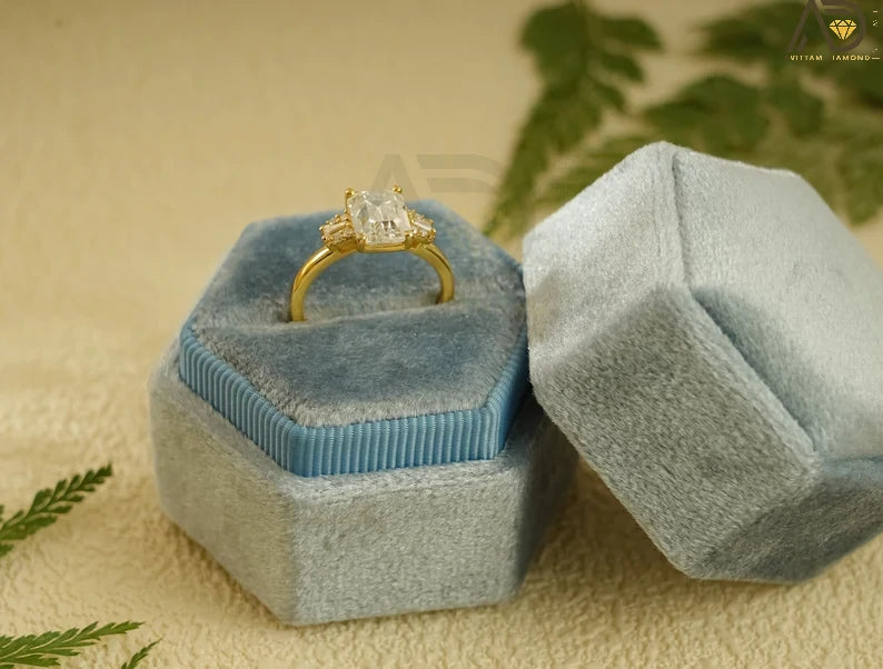 Discover the elegance of our Solid Gold Emerald Cut Moissanite Engagement Ring. With its dainty cluster design, it's a perfect promise ring or anniversary gift for women.