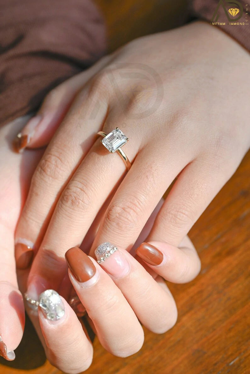 Solid Gold Engagement Ring | Unique Christmas Gift Idea | Emerald Cut Wedding Band
