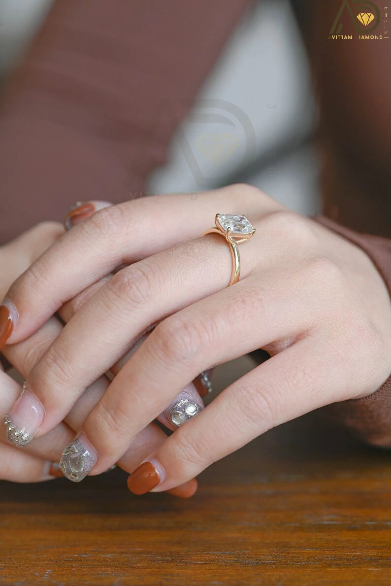 Chic Solid Gold Ring for Her | Elegant Gold Moissanite Ring | Emerald Cut Wedding Jewelry