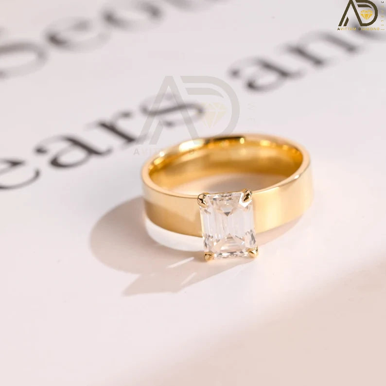 Emerald Cut Wedding Ring | Handmade Engagement Band | Moissanite Solitaire Jewelry