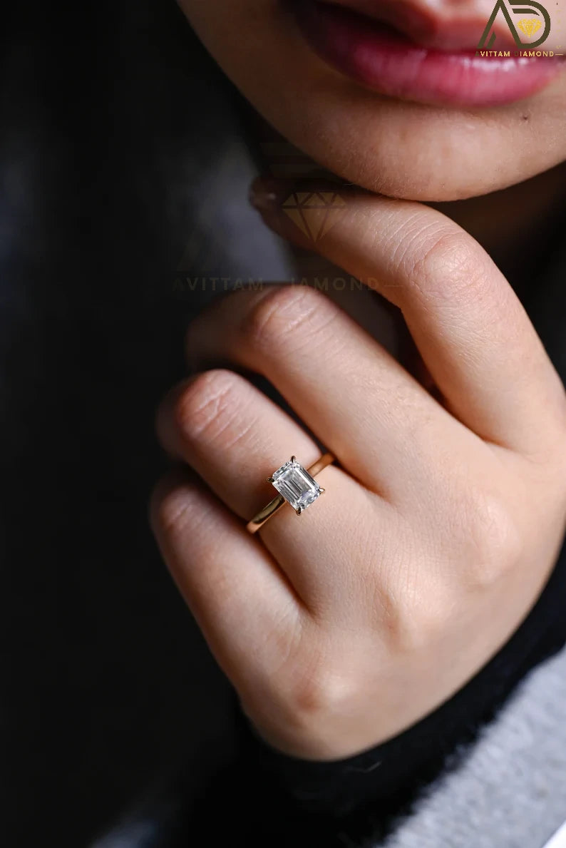 Yellow Gold Emerald Cut Moissanite Engagement Ring – a stunning anniversary or promise ring designed for women with classic taste. Perfect for special occasions!