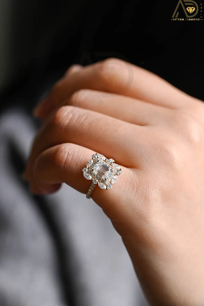 Half Pave Emerald Cut Moissanite Ring in 10K, 14K, or 18K Solid Gold. A stunning cluster design for engagements, anniversaries, or birthdays.