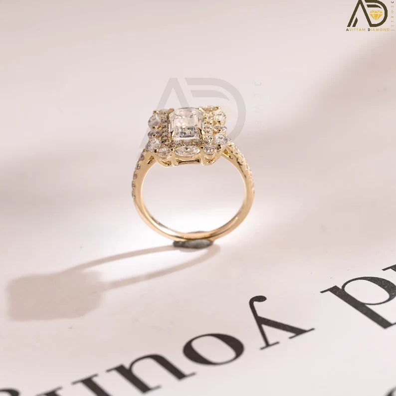 Half Pave Emerald Cut Moissanite Ring in 10K, 14K, or 18K Solid Gold. A stunning cluster design for engagements, anniversaries, or birthdays.