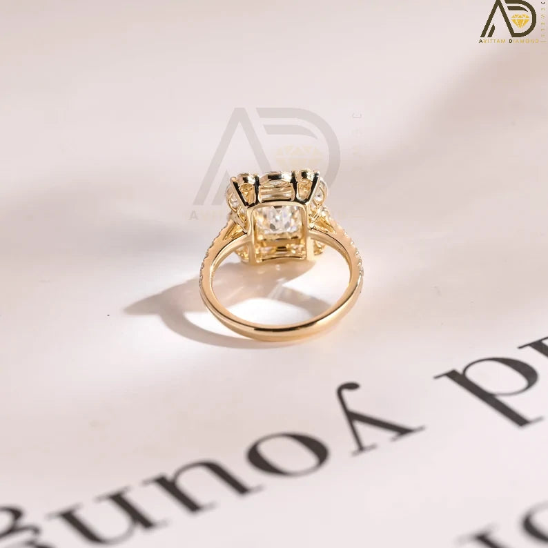 Half Pave Emerald Cut Moissanite Ring in 10K, 14K, or 18K Solid Gold. A stunning cluster design for engagements, anniversaries, or birthdays.
