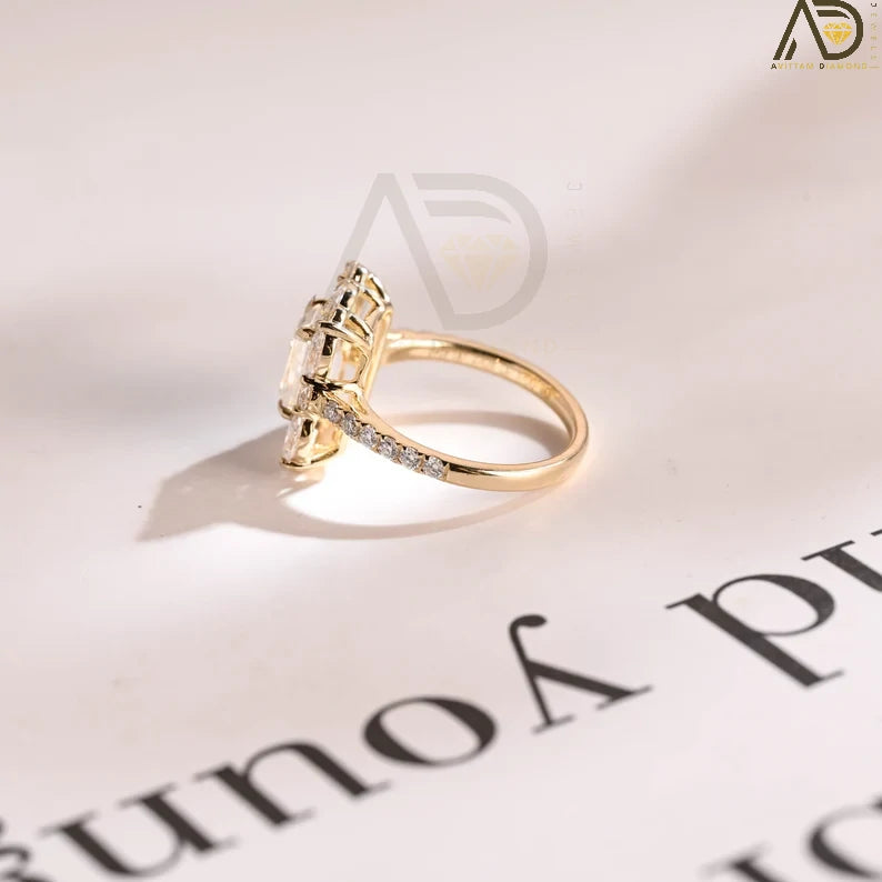 Half Pave Emerald Cut Moissanite Ring in 10K, 14K, or 18K Solid Gold. A stunning cluster design for engagements, anniversaries, or birthdays.
