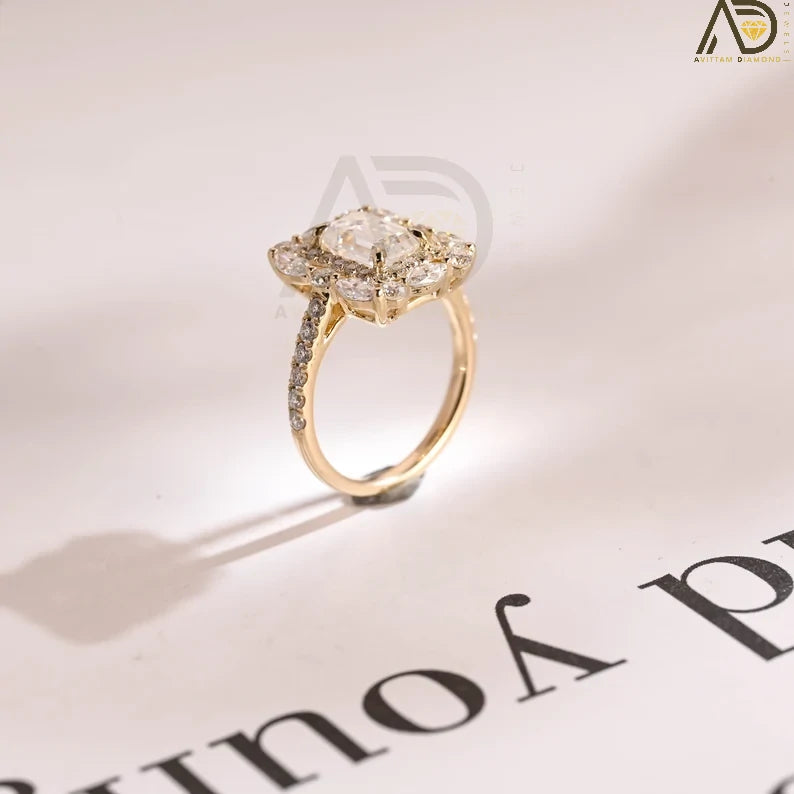 Half Pave Emerald Cut Moissanite Ring in 10K, 14K, or 18K Solid Gold. A stunning cluster design for engagements, anniversaries, or birthdays.