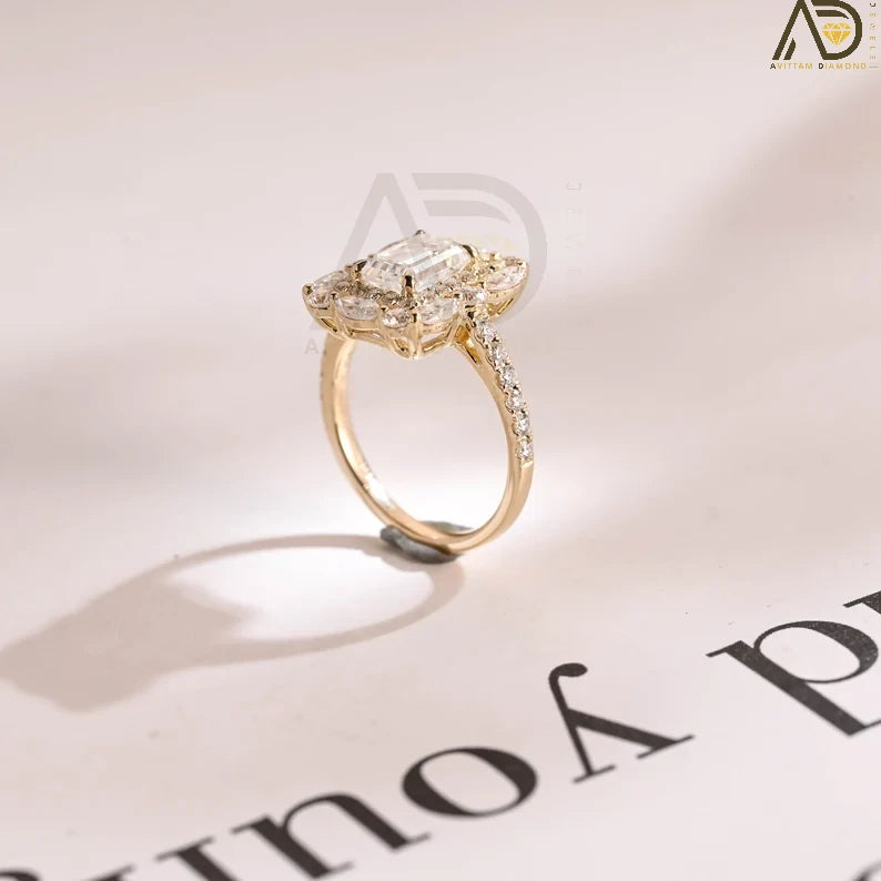 Half Pave Emerald Cut Moissanite Ring in 10K, 14K, or 18K Solid Gold. A stunning cluster design for engagements, anniversaries, or birthdays.