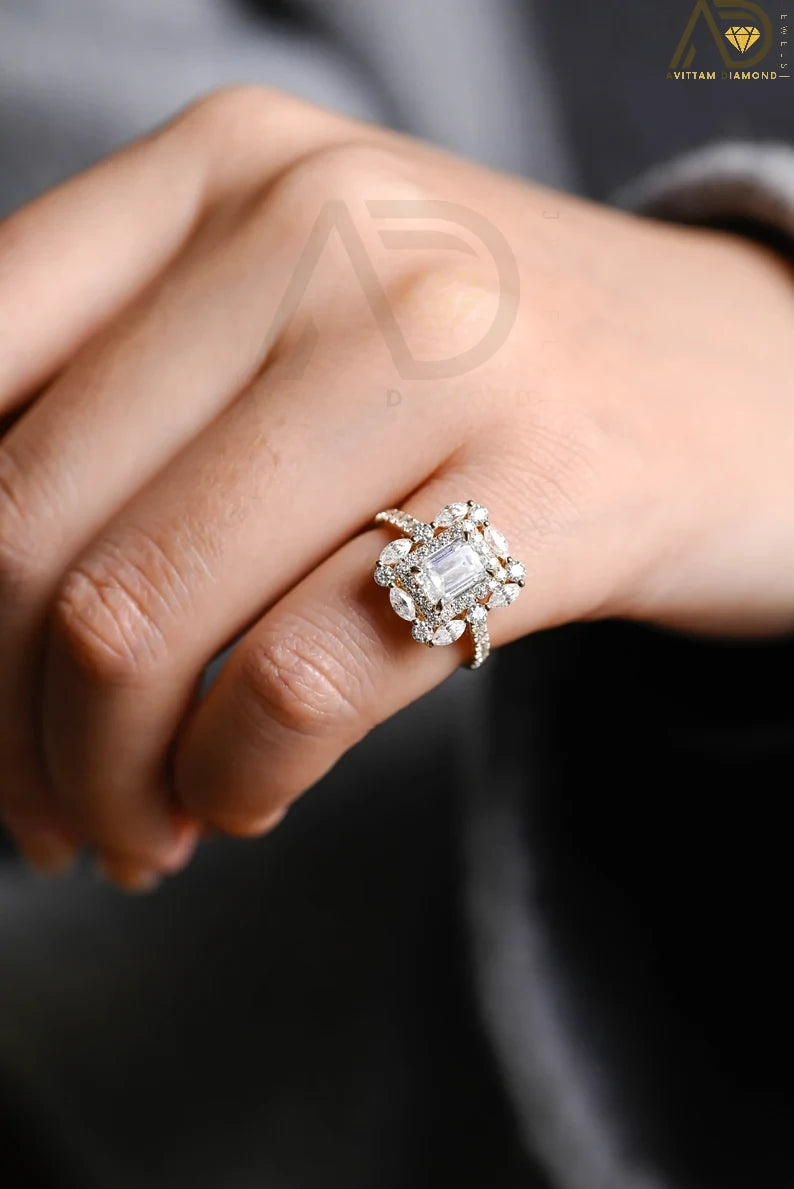 Half Pave Emerald Cut Moissanite Ring in 10K, 14K, or 18K Solid Gold. A stunning cluster design for engagements, anniversaries, or birthdays.