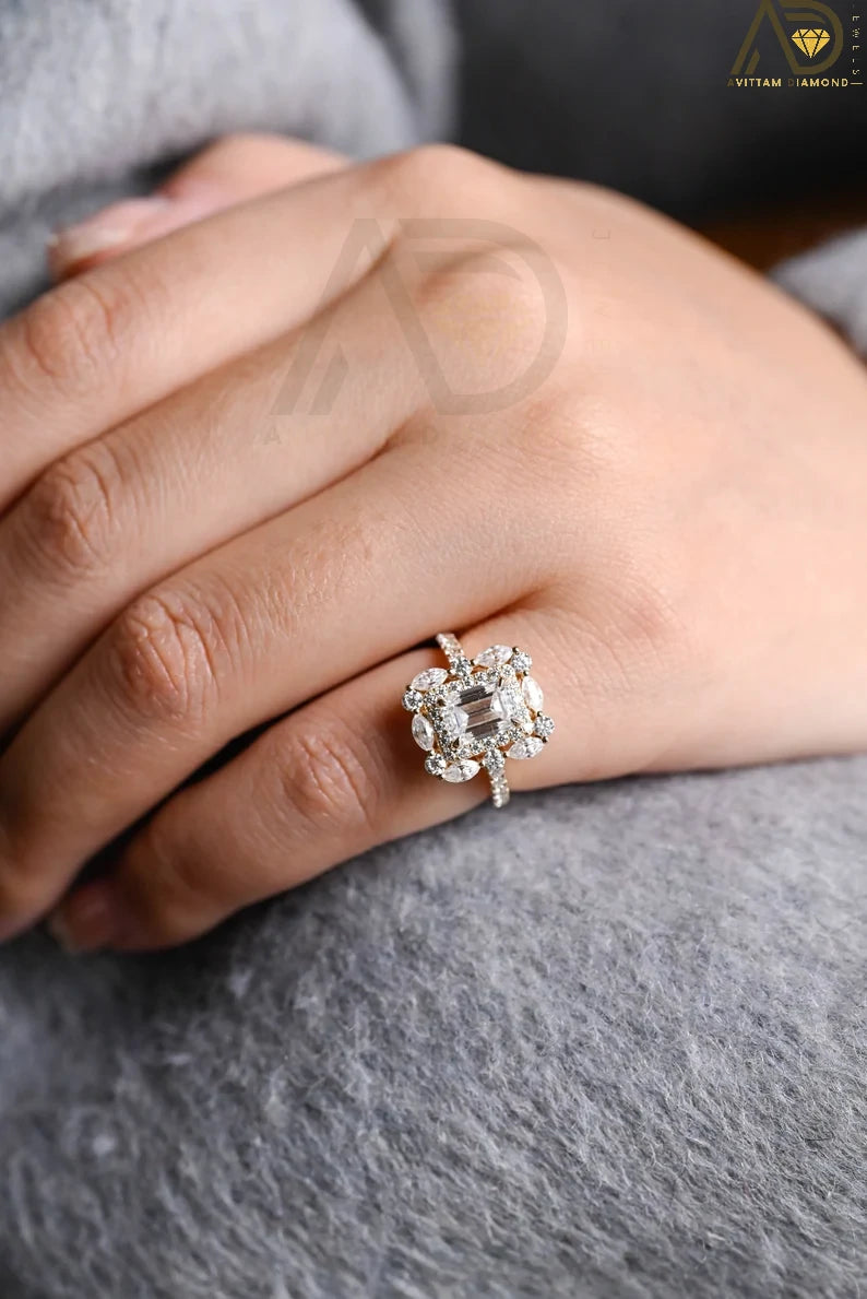 Half Pave Emerald Cut Moissanite Ring in 10K, 14K, or 18K Solid Gold. A stunning cluster design for engagements, anniversaries, or birthdays.