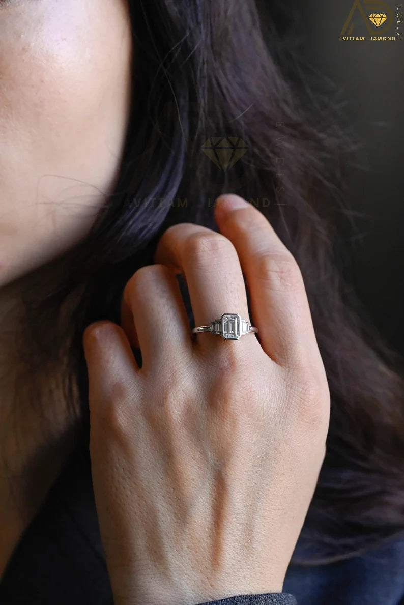sustainable luxury ring, minimalist wedding ring, moissanite engagement jewelry.