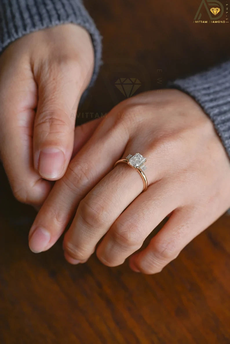 Emerald Cut Moissanite Ring, Dainty Cluster Engagement Ring