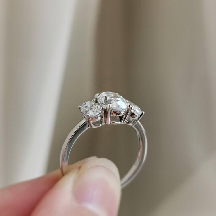Three stone Moissanite engagement ring, vintage Solid yellow gold Unique Oval engagement ring, Simple ring, Bridal Anniversary Promise ring