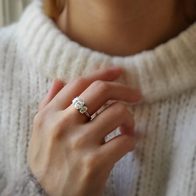 Three stone Moissanite engagement ring, vintage Solid yellow gold Unique Oval engagement ring, Simple ring, Bridal Anniversary Promise ring