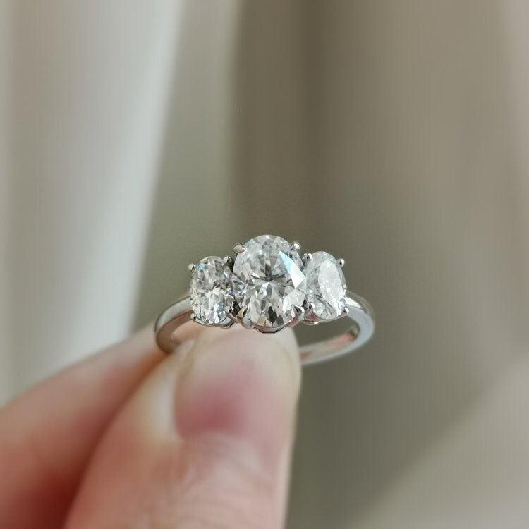 Three stone Moissanite engagement ring, vintage Solid yellow gold Unique Oval engagement ring, Simple ring, Bridal Anniversary Promise ring