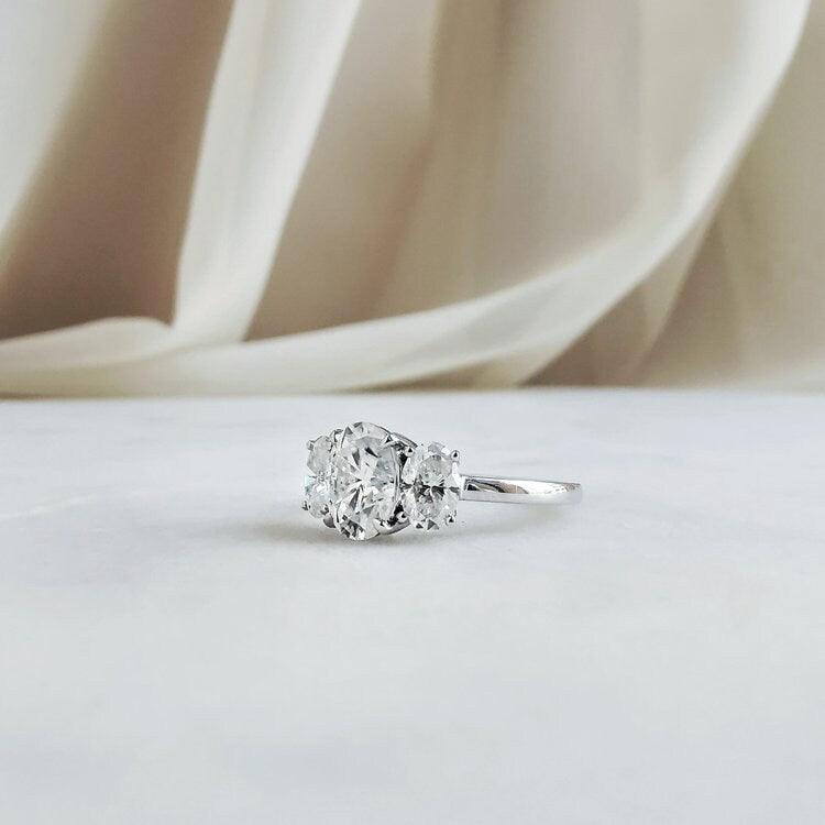 Three stone Moissanite engagement ring, vintage Solid yellow gold Unique Oval engagement ring, Simple ring, Bridal Anniversary Promise ring