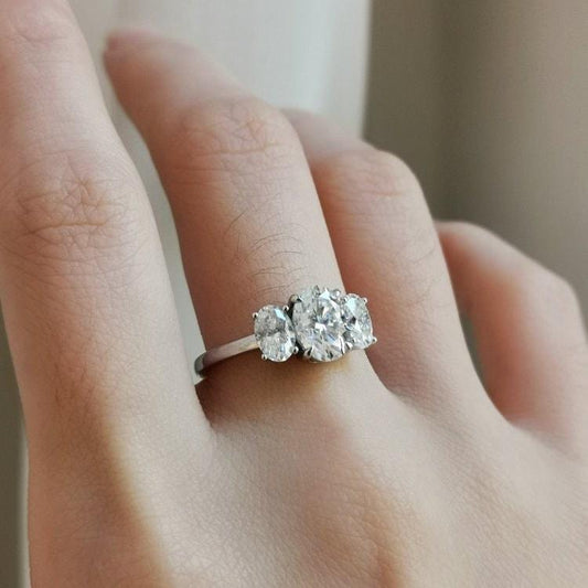 Three stone Moissanite engagement ring, vintage Solid yellow gold Unique Oval engagement ring, Simple ring, Bridal Anniversary Promise ring