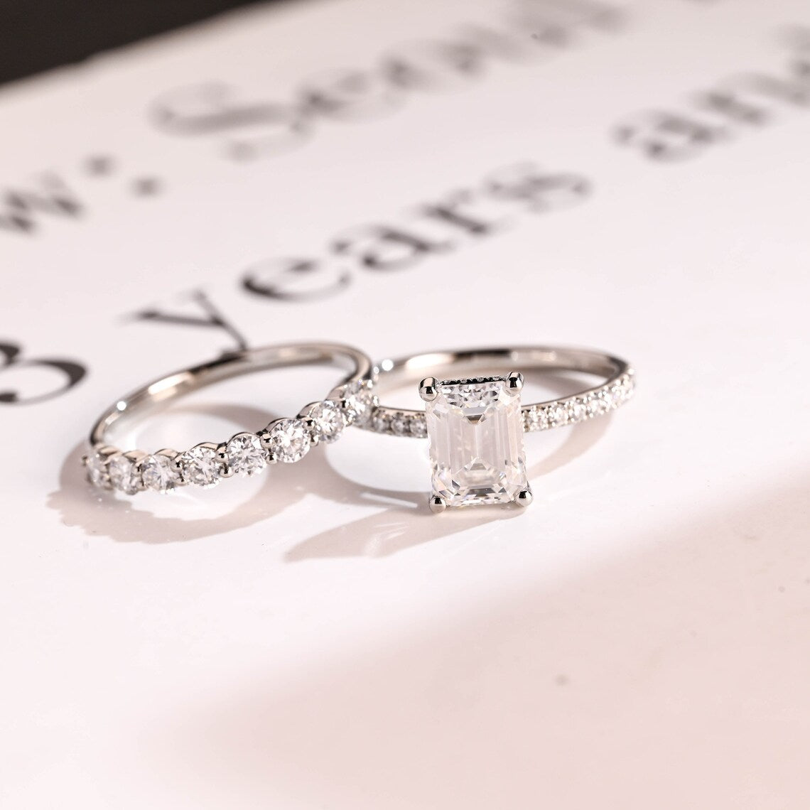 Emerald cut moissanite ring